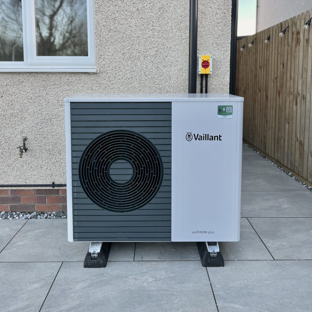 Vaillant aroTHERM plus air source heat pump installation at a modern home in Scotland by Aventus Eco
