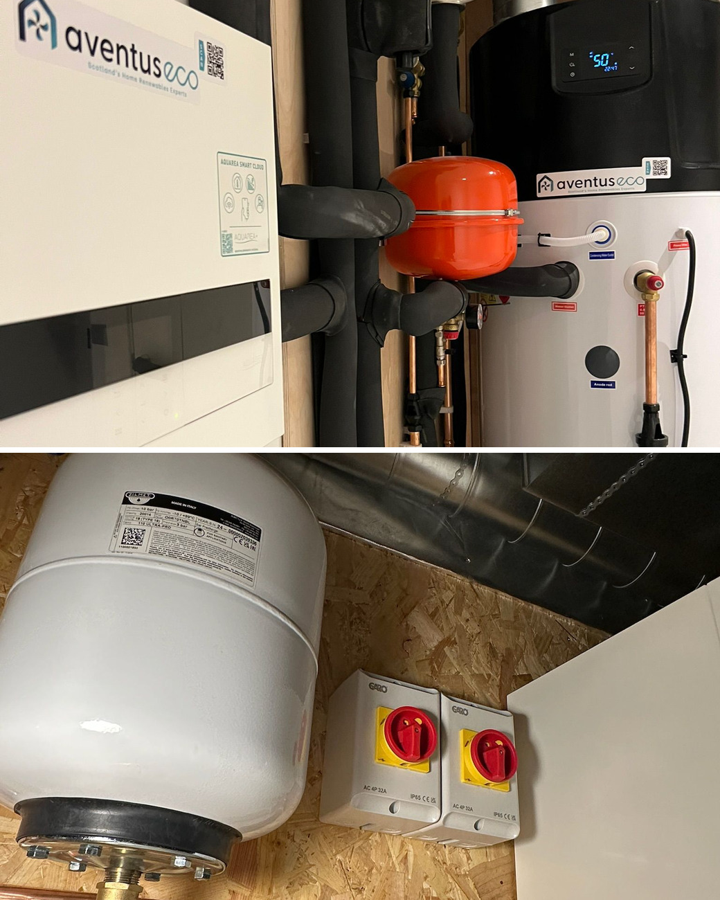 Heat pump installation in Balerno: an Aventus indoor unit beside a cylinder with lagged pipework, and an expansion vessel, isolators and copper pipework