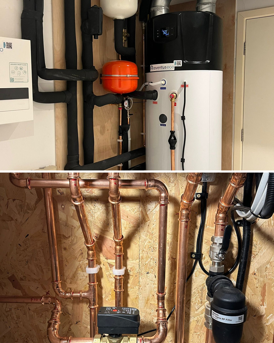 Heat pump installation in Bathgate: a cylinder, orange expansion vessel and lagged pipework in a utility cupboard, and copper pipework, valves and a magnetic filter on a plywood board