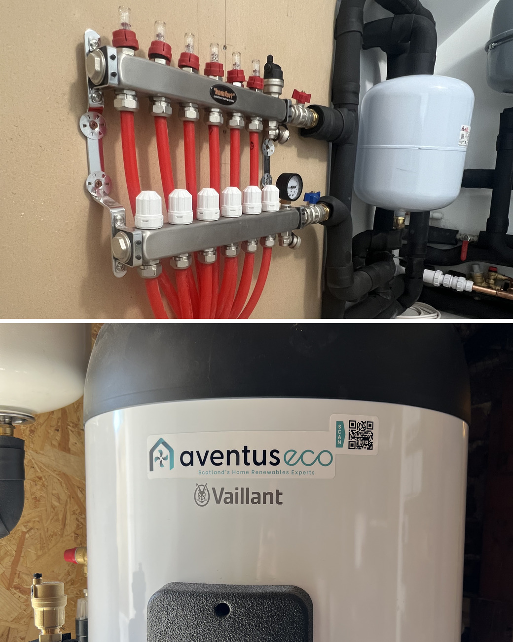 Heat pump installation in Blackhall: an underfloor heating manifold and expansion vessel with lagged pipework, and an Aventus labelled Vaillant hot water cylinder