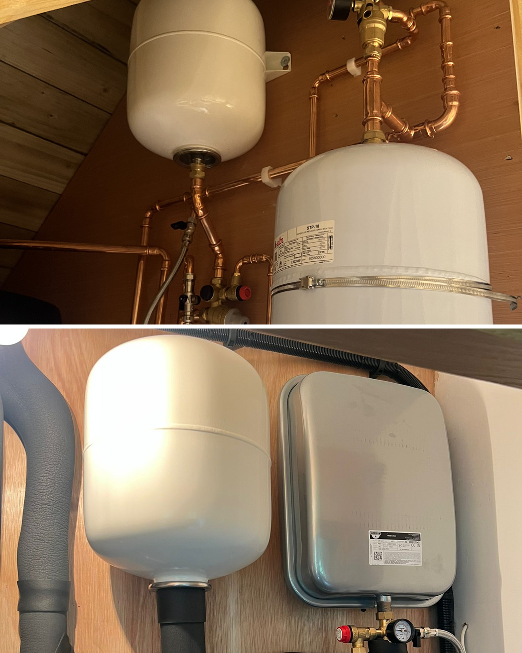 Heat pump installation in Cambuslang: expansion vessels and copper pipework on a timber wall, and an expansion vessel, controls and lagged pipework on a plywood wall