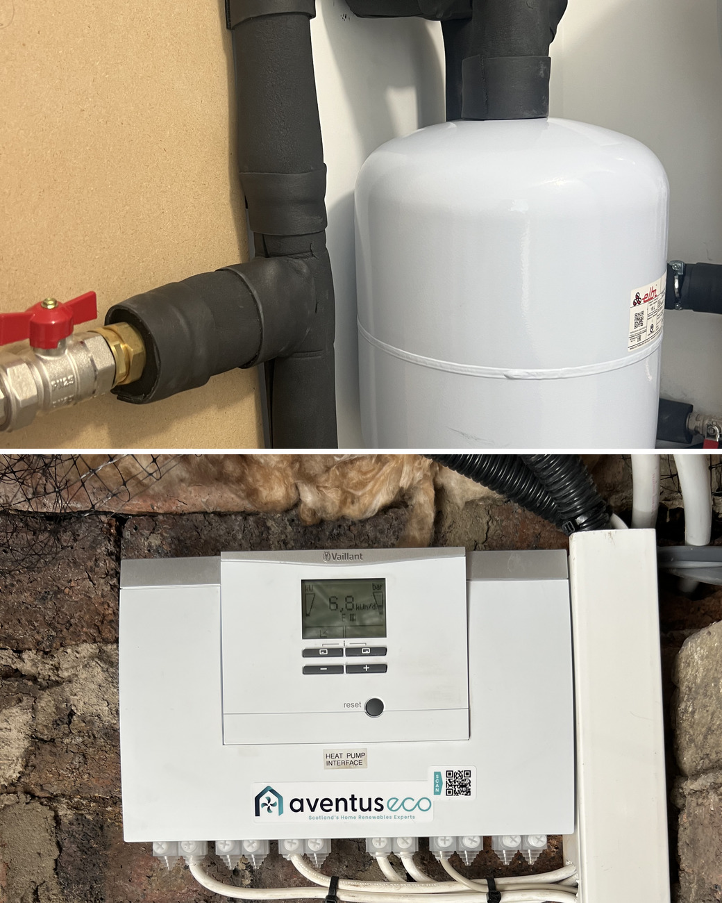 Heat pump installation in Corstorphine: an expansion vessel and lagged pipework with isolating valves, and an Aventus labelled heat pump wiring centre and Vaillant controls