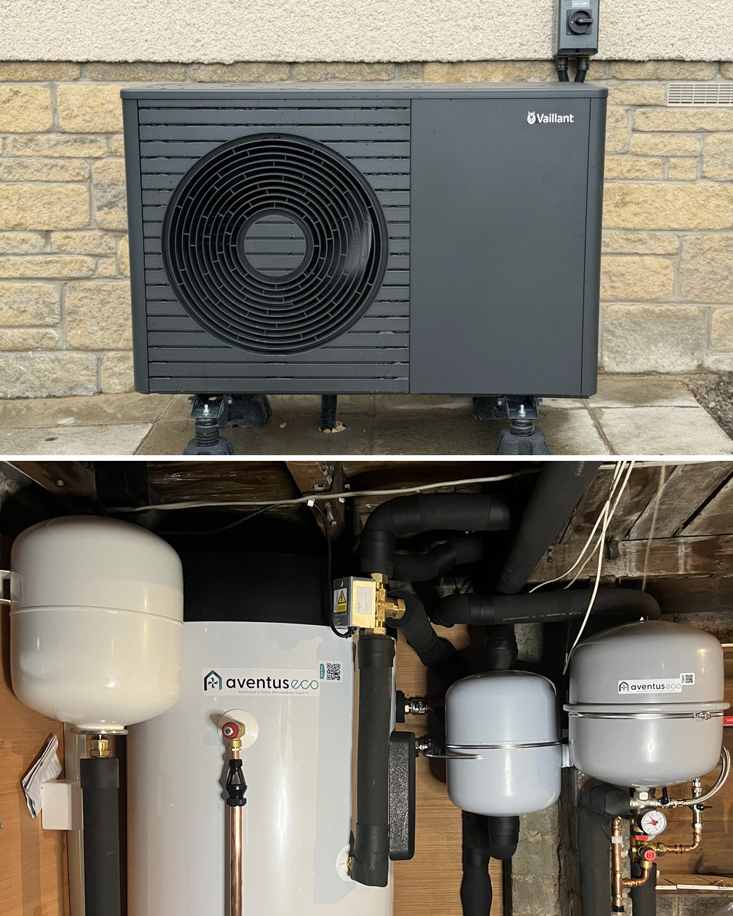 Heat pump installation in Cumbernauld: a black Vaillant heat pump on adjustable feet in front of a sandstone wall, and a hot water cylinder with expansion vessels and copper pipework in a stone cellar
