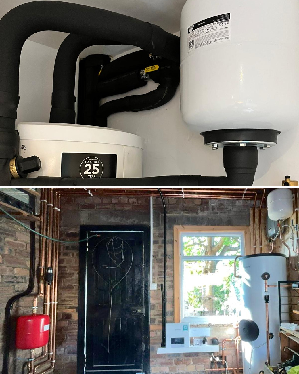 Heat pump installation in Currie: a cylinder, expansion vessel and lagged pipework in a white plant room, and a hot water cylinder and copper pipework in a converted garage plant room