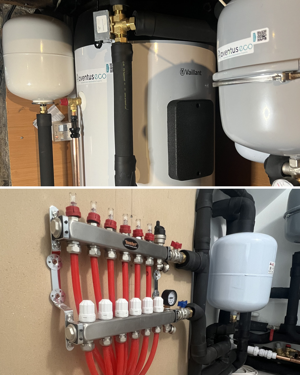 Heat pump installation in Dunblane: a Vaillant cylinder with expansion vessels in a stone cellar, and an underfloor heating manifold and expansion vessel with lagged pipework