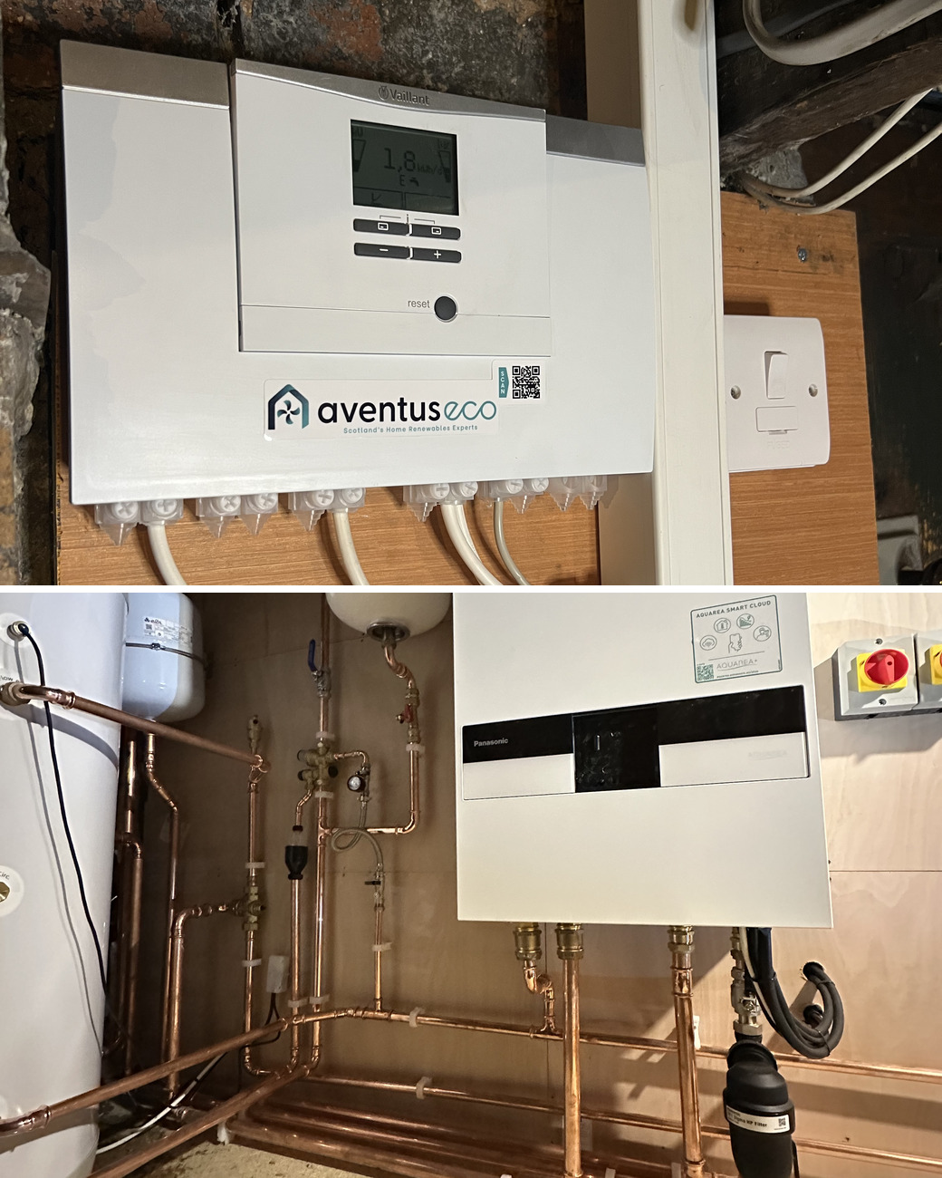 Heat pump installation in Eaglesham: an Aventus labelled heat pump wiring centre on a timber board, and a wall hung indoor unit, cylinder and copper pipework in a loft plant room