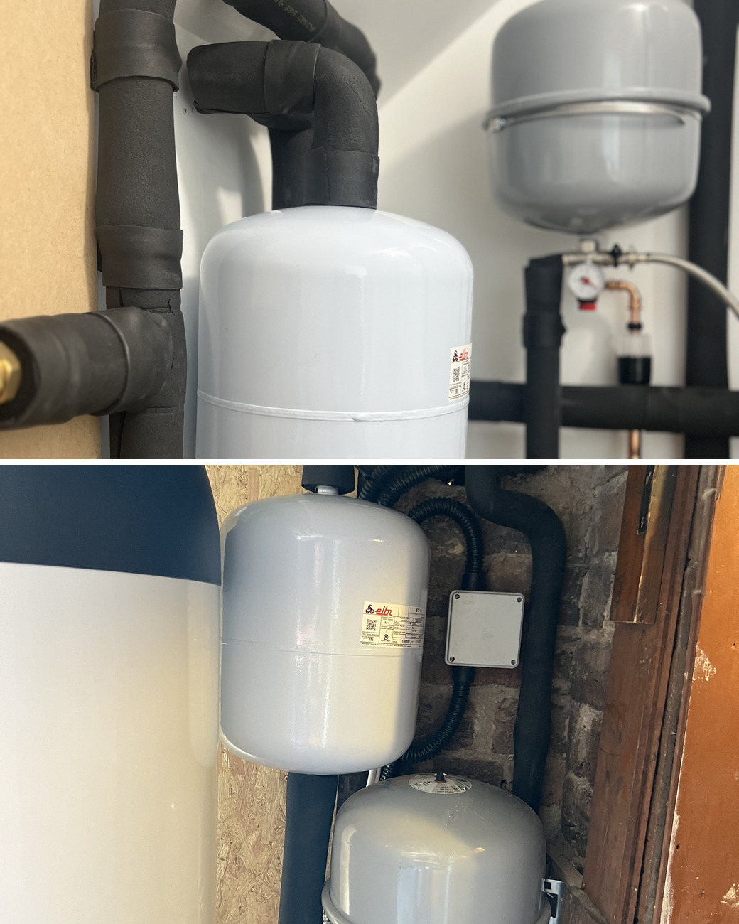 Heat pump installation in Fairmilehead: expansion vessels and lagged pipework in a plant room, and expansion vessels and pipework beside a hot water cylinder