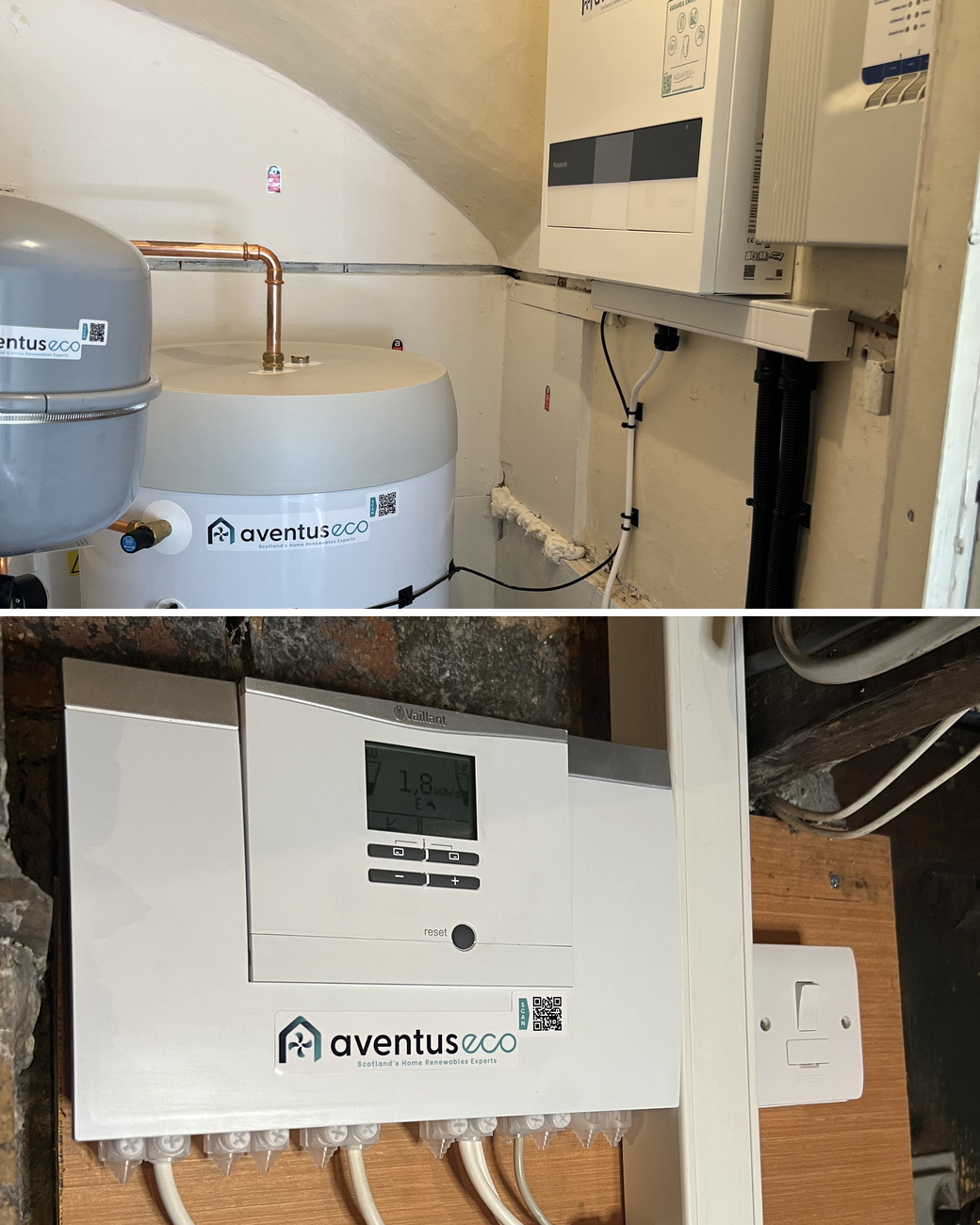 Heat pump installation in Gullane: an Aventus labelled cylinder, expansion vessels and controls in a plant cupboard, and an Aventus labelled heat pump wiring centre on a timber board