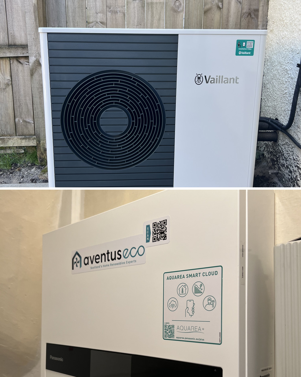 Heat pump installation in Helensburgh: a Vaillant air source heat pump on a slabbed base in a back garden, and a Panasonic Aquarea indoor unit with an Aventus label