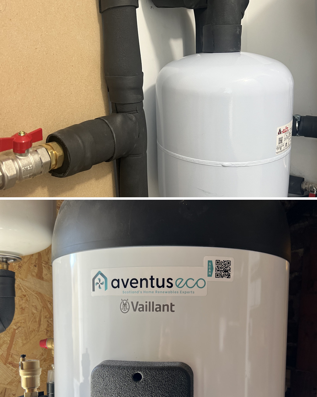 Heat pump installation in Houston: an expansion vessel and lagged pipework with isolating valves, and an Aventus labelled Vaillant hot water cylinder