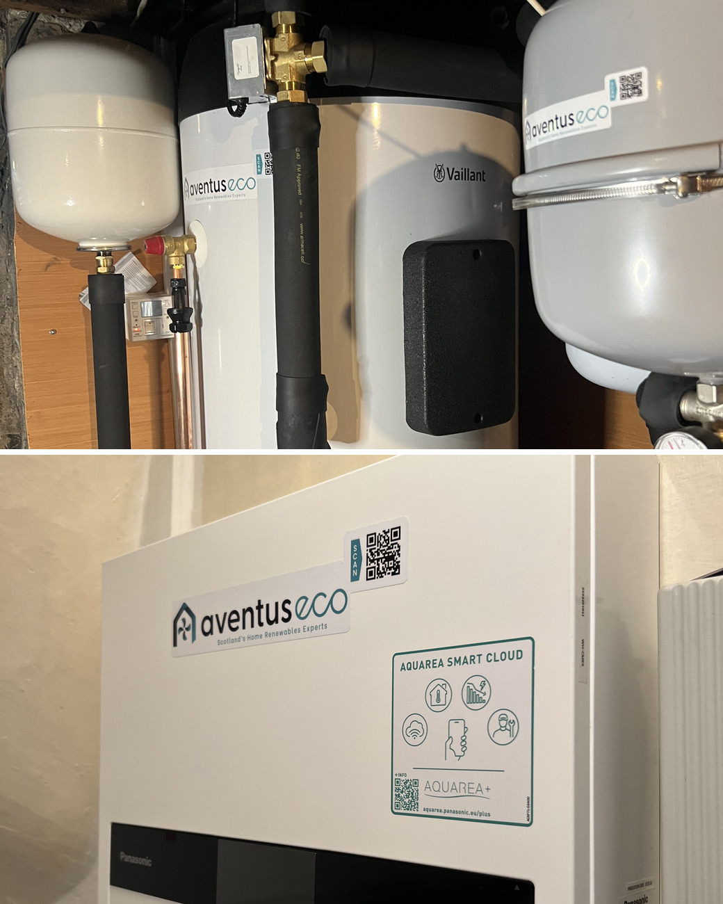 Heat pump installation in Kilmacolm: a Vaillant cylinder with expansion vessels in a stone cellar, and a Panasonic Aquarea indoor unit with an Aventus label