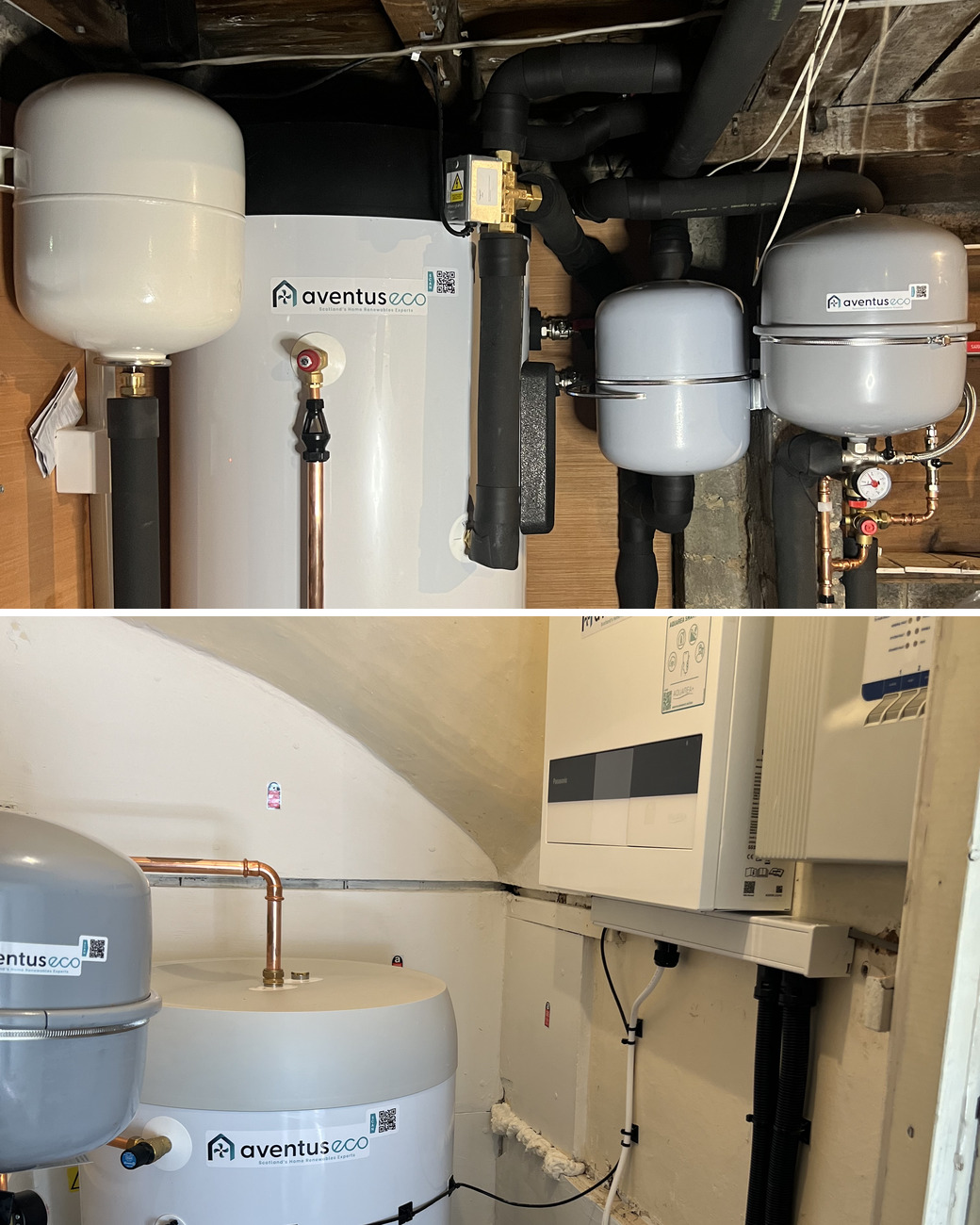Heat pump installation in Linlithgow: a hot water cylinder with expansion vessels and copper pipework in a stone cellar, and an Aventus labelled cylinder, expansion vessels and controls in a plant cupboard