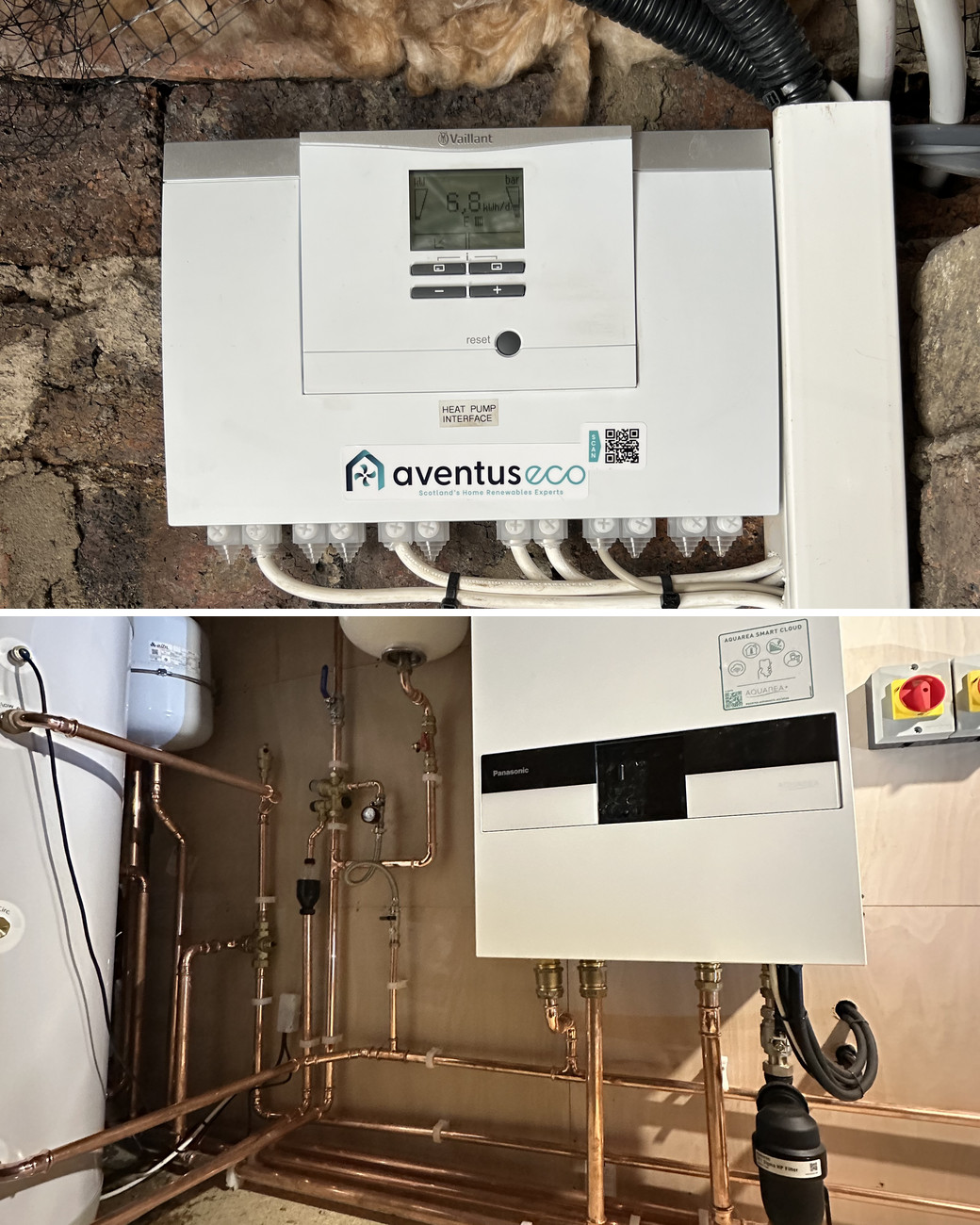 Heat pump installation in Newlands: an Aventus labelled heat pump wiring centre and Vaillant controls, and a wall hung indoor unit, cylinder and copper pipework in a loft plant room