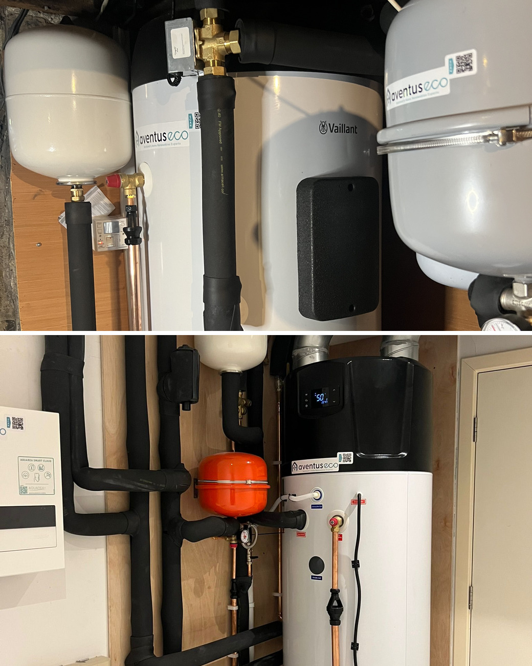 Heat pump installation in Uddingston: a Vaillant cylinder with expansion vessels in a stone cellar, and a cylinder, orange expansion vessel and lagged pipework in a utility cupboard