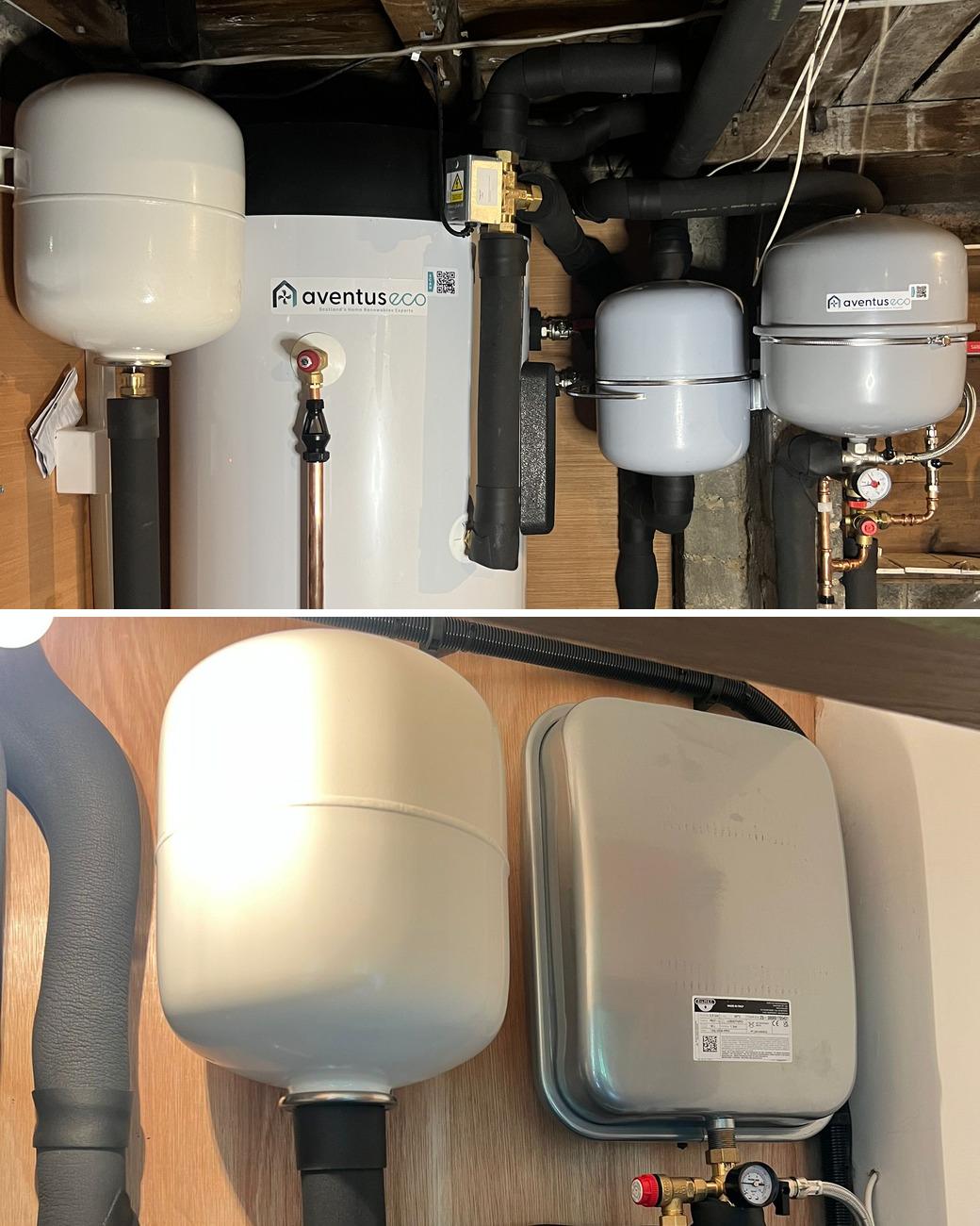Heat pump installation in Whitecraigs: a hot water cylinder with expansion vessels and copper pipework in a stone cellar, and an expansion vessel, controls and lagged pipework on a plywood wall