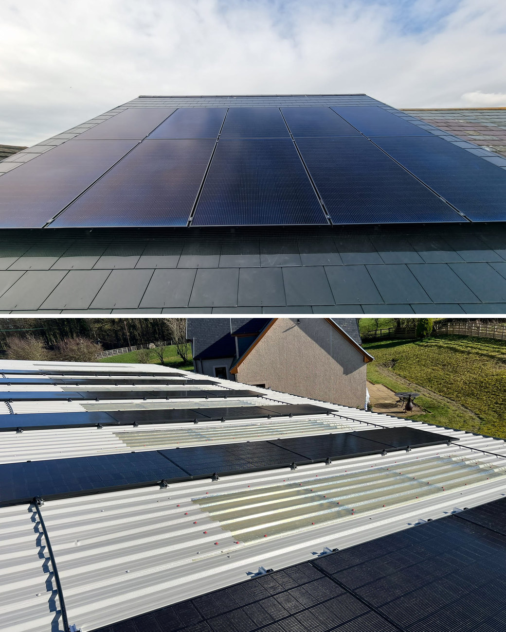 Solar panel installation in Barnton: a black solar array on a grey slate roof, and long rows of solar panels on a farm building roof