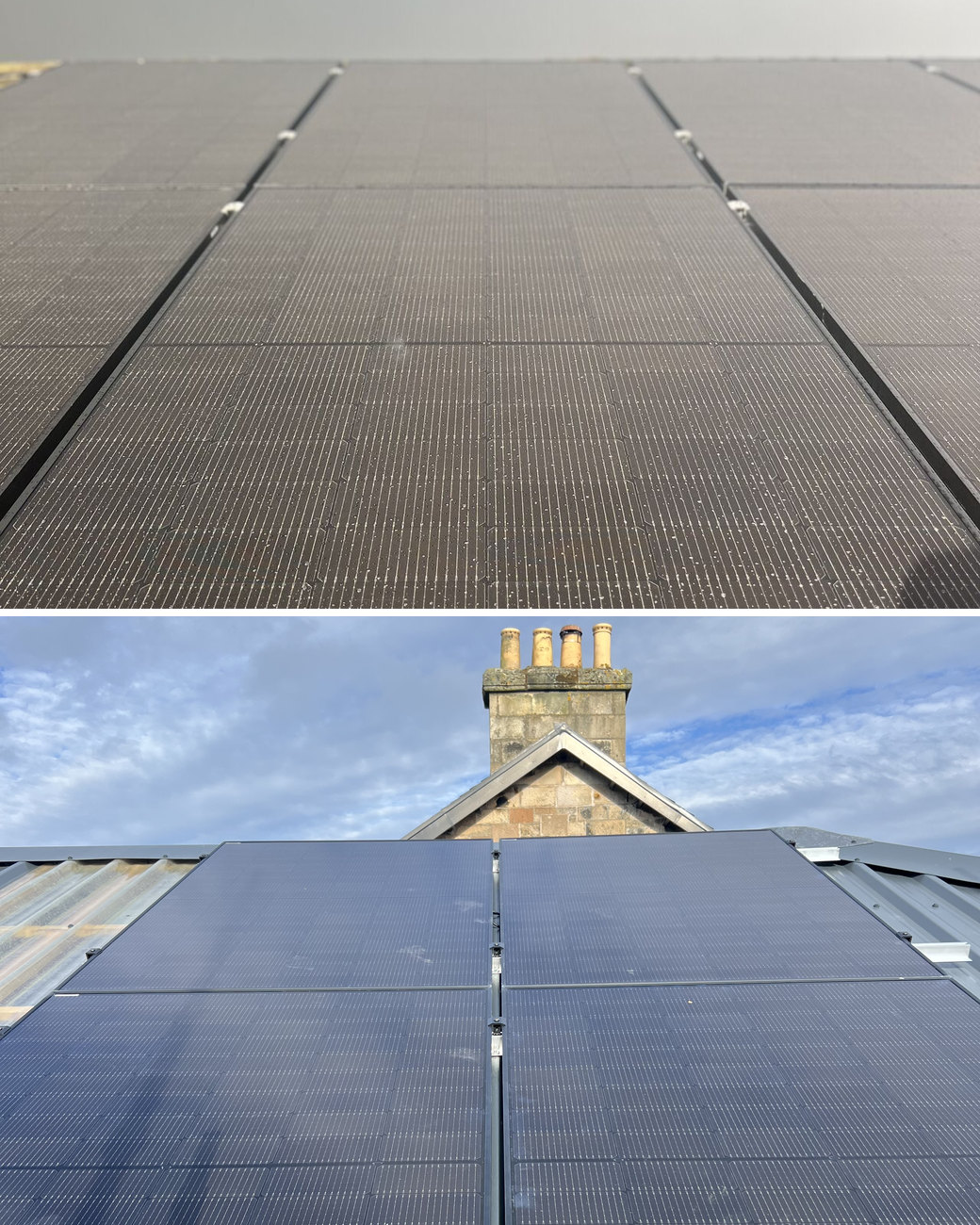 Solar panel installation in Bearsden: a black solar array running up a tiled roof, and two columns of black solar panels below a stone chimney