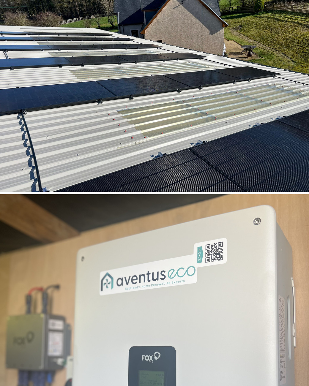Solar panel installation in Bothwell: long rows of solar panels on a farm building roof, and an Aventus labelled Fox ESS inverter
