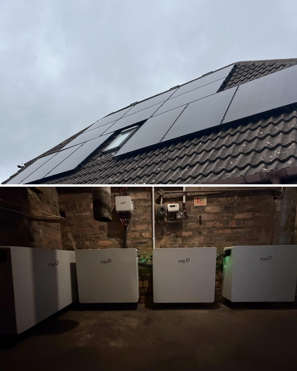 Solar panel installation in Bruntsfield: a black solar array either side of a roof window on a tiled roof, and a row of Fox ESS batteries in a brick plant room