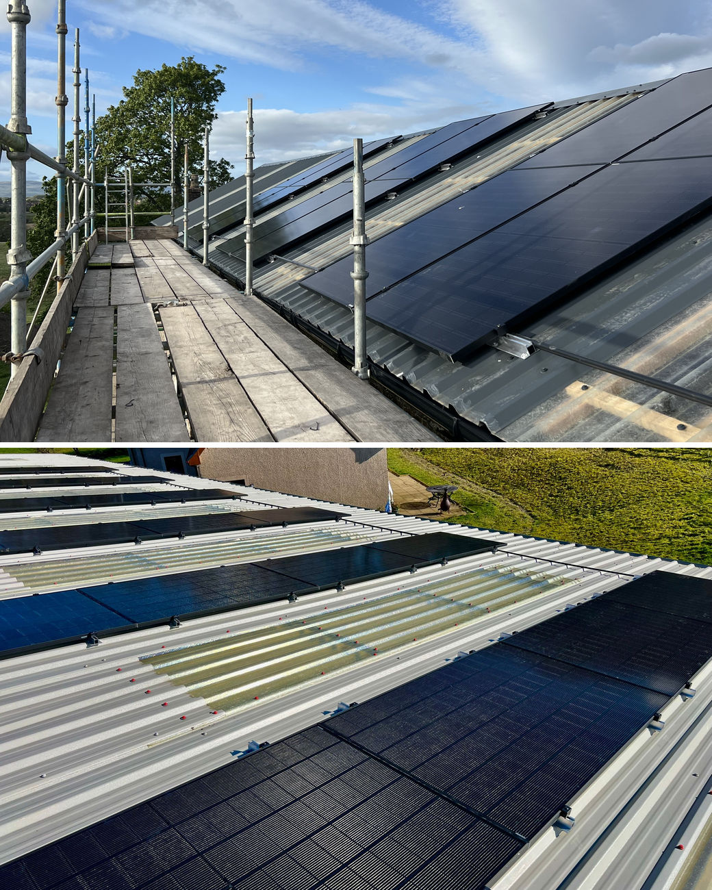 Solar panel installation in Clarkston: black solar panels along a steading roof, seen from the scaffold walkway, and black solar panels across a corrugated farm shed roof