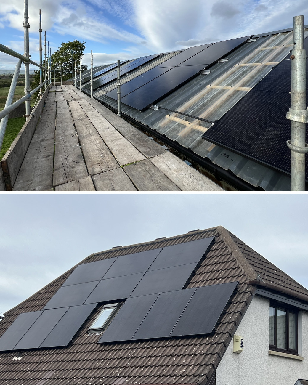 Solar panel installation in Colinton: a black solar array along a long roof under a blue sky, and a black solar array on a brown tiled house roof