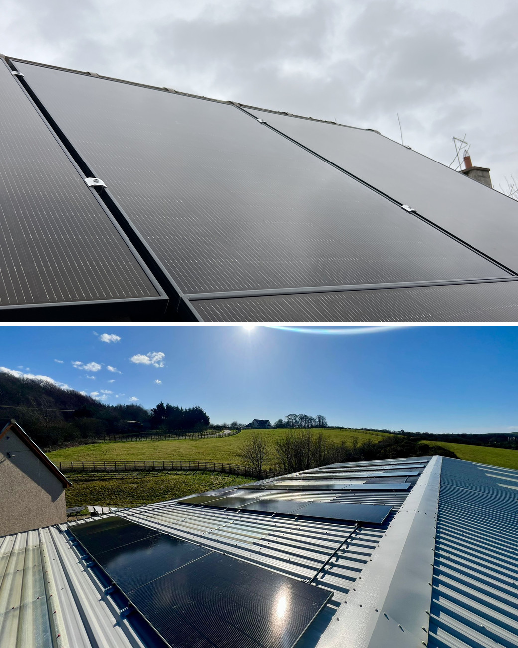 Solar panel installation in Corstorphine: black solar panels fixed on their rails above roof tiles, and solar panels running along a farm shed roof