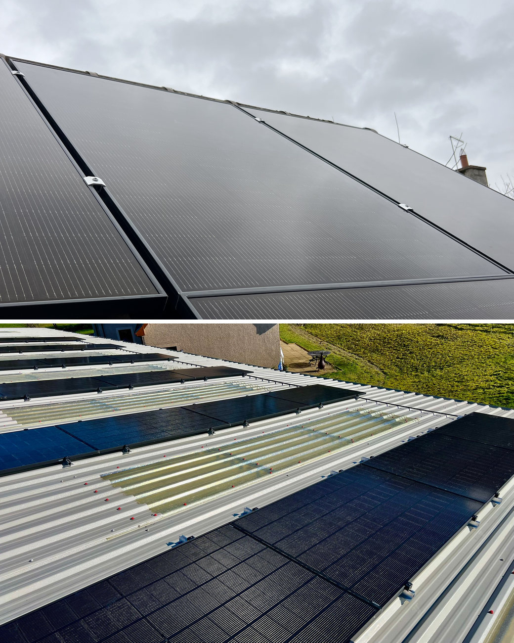 Solar panel installation in Cramond: black solar panels fixed on their rails above roof tiles, and black solar panels across a corrugated farm shed roof