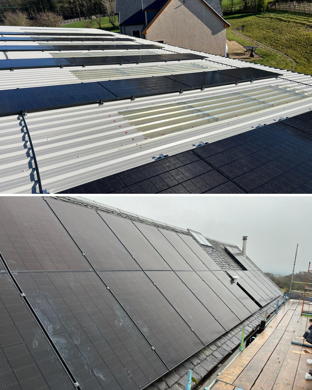 Solar panel installation in Fairmilehead: long rows of solar panels on a farm building roof, and a black solar array on a slate roof beside a roof window