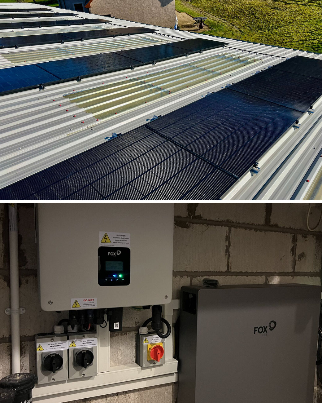 Solar panel installation in Giffnock: black solar panels across a corrugated farm shed roof, and a Fox ESS hybrid inverter and battery on a garage wall