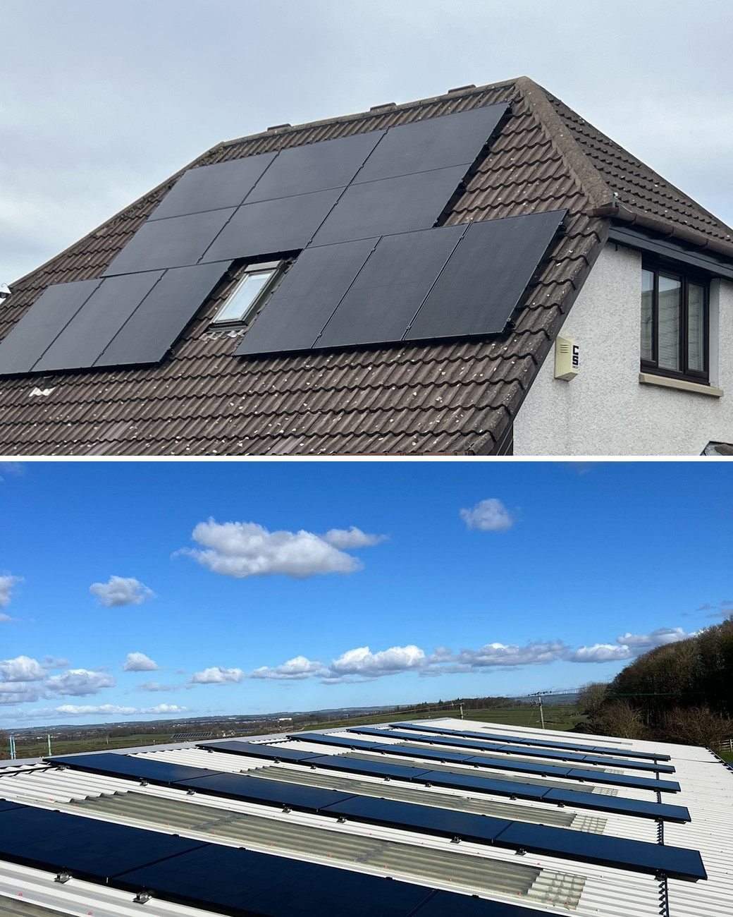 Solar panel installation in Hillhead: a black solar array on a brown tiled house roof, and rows of black solar panels on a farm shed roof