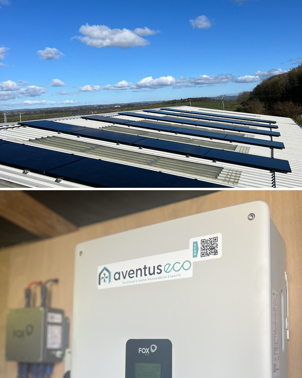 Solar panel installation in Inverleith: rows of black solar panels on a farm shed roof, and an Aventus labelled Fox ESS inverter