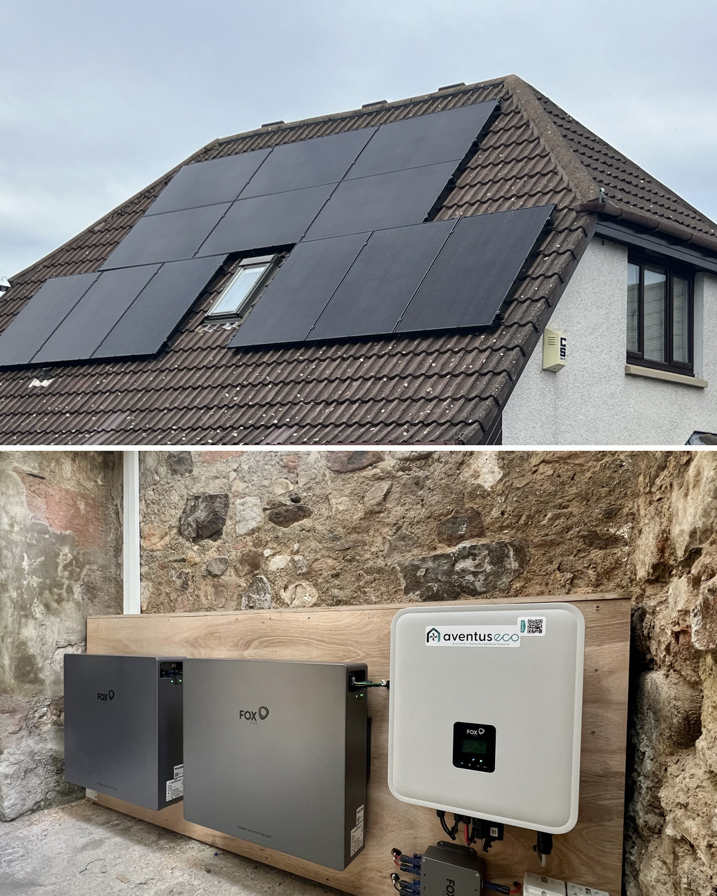 Solar panel installation in Kelvinside: a black solar array on a brown tiled house roof, and two Fox ESS batteries and an Aventus labelled inverter on a stone outbuilding wall