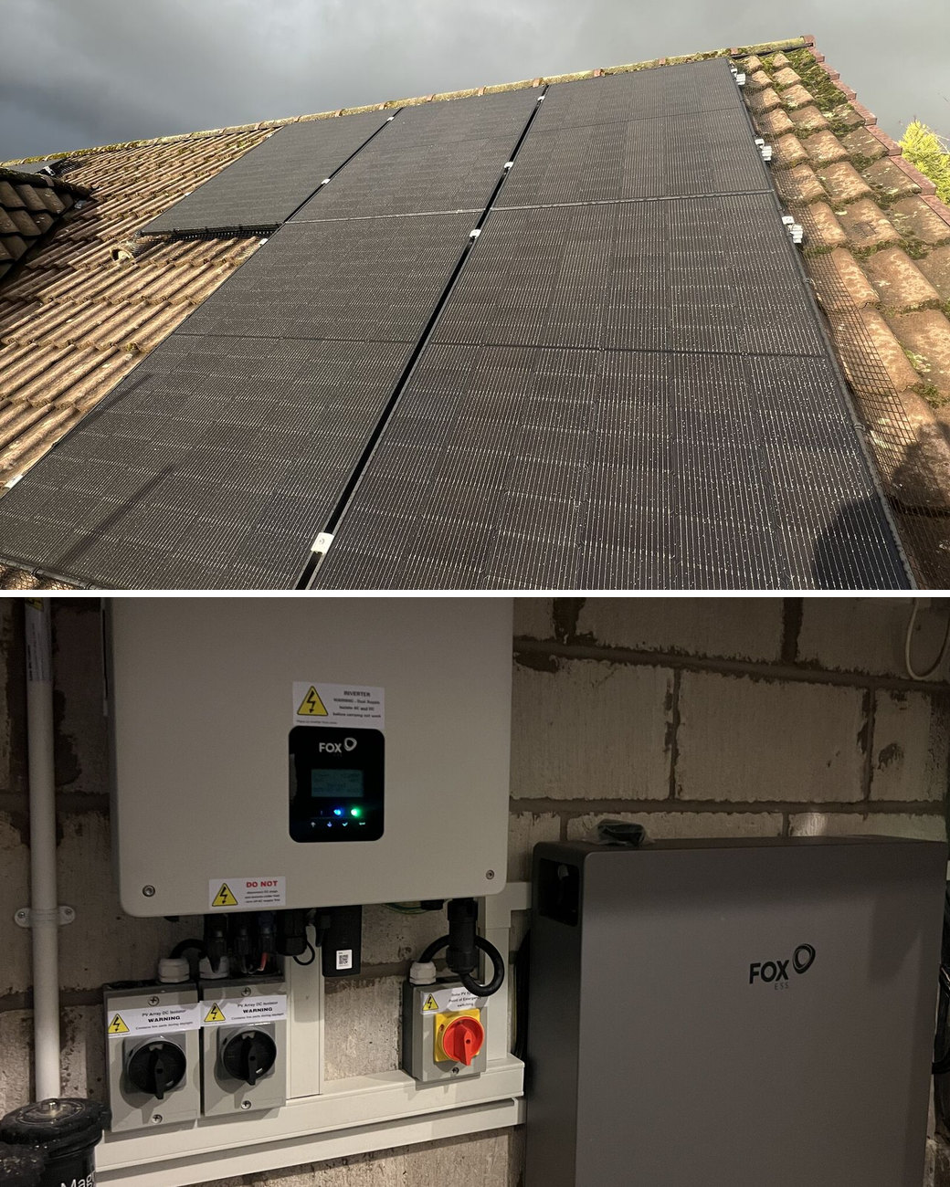 Solar panel installation in Linlithgow: a black solar array on a concrete tiled roof, and a Fox ESS hybrid inverter and battery on a garage wall