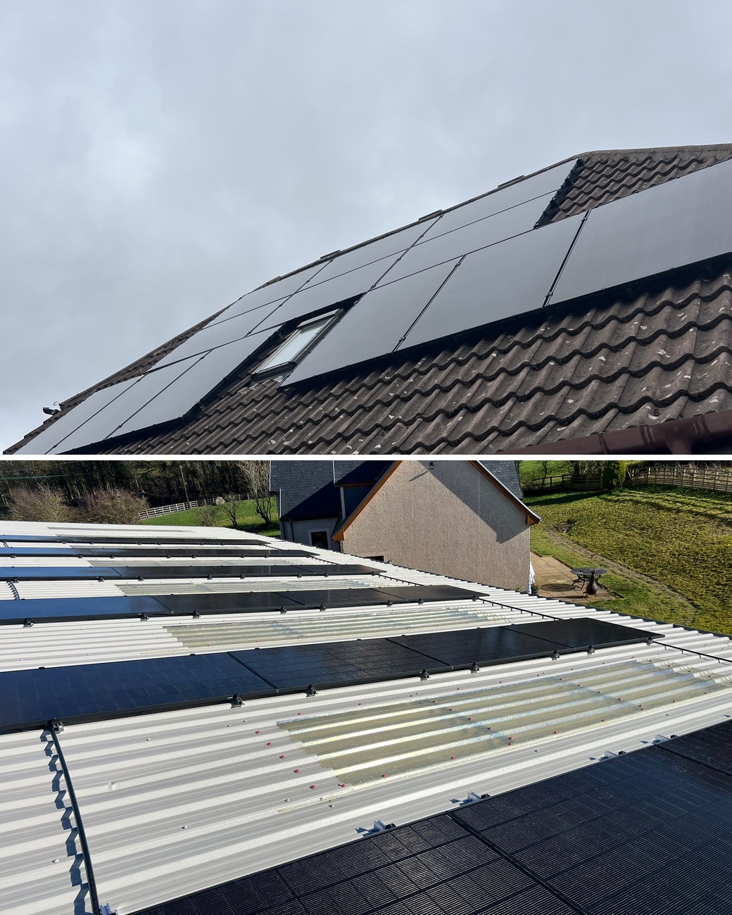 Solar panel installation in Morningside: a black solar array either side of a roof window on a tiled roof, and long rows of solar panels on a farm building roof