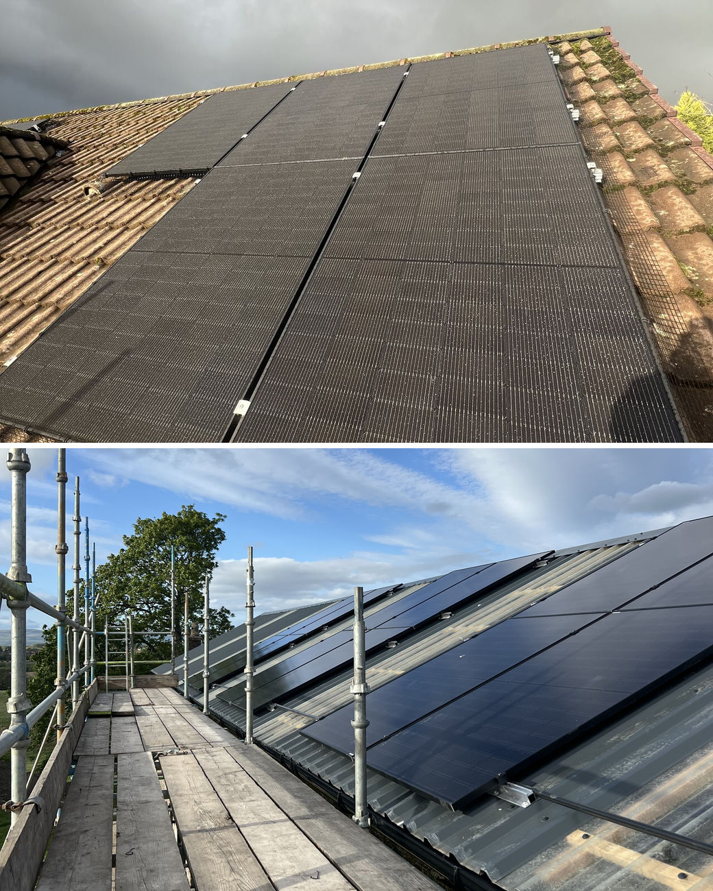 Solar panel installation in Netherlee: a black solar array on a concrete tiled roof, and black solar panels along a steading roof, seen from the scaffold walkway
