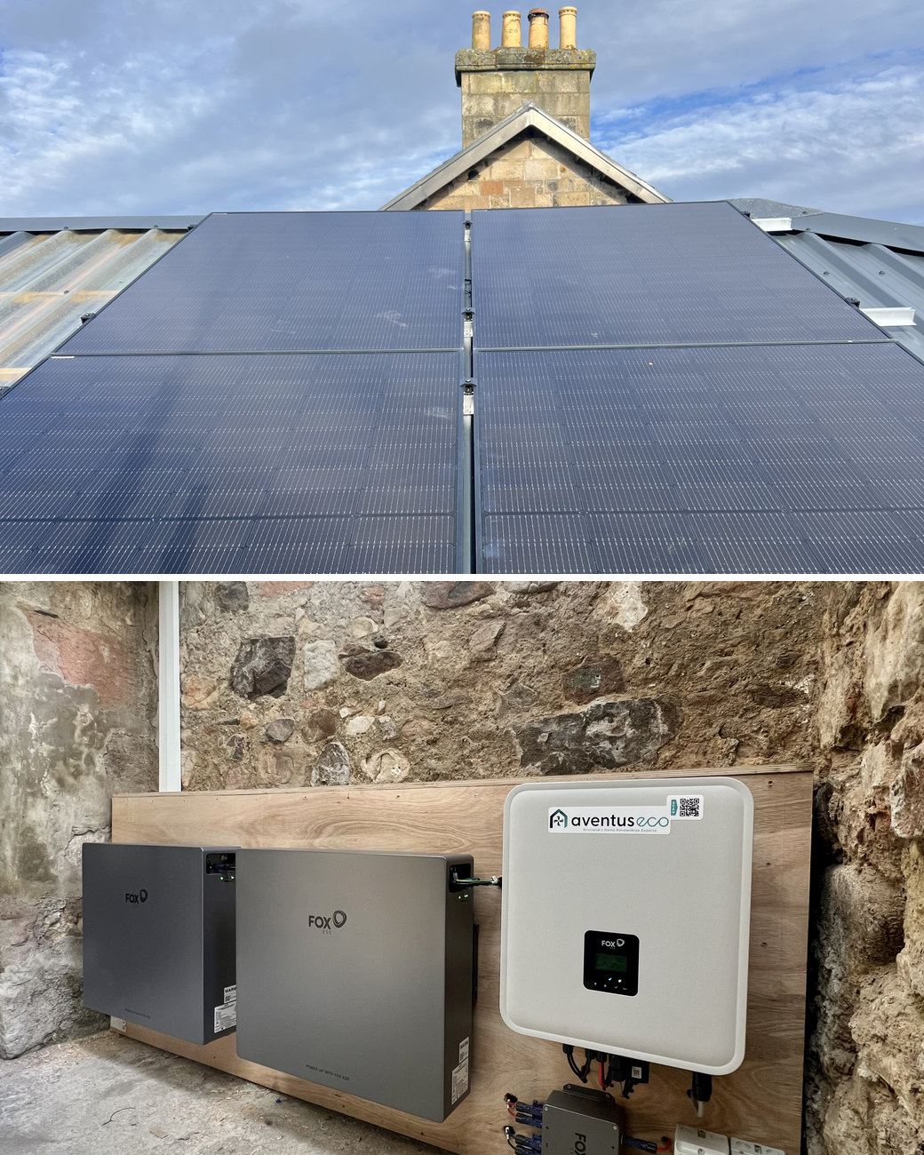 Solar panel installation in North Berwick: two columns of black solar panels below a stone chimney, and two Fox ESS batteries and an Aventus labelled inverter on a stone outbuilding wall