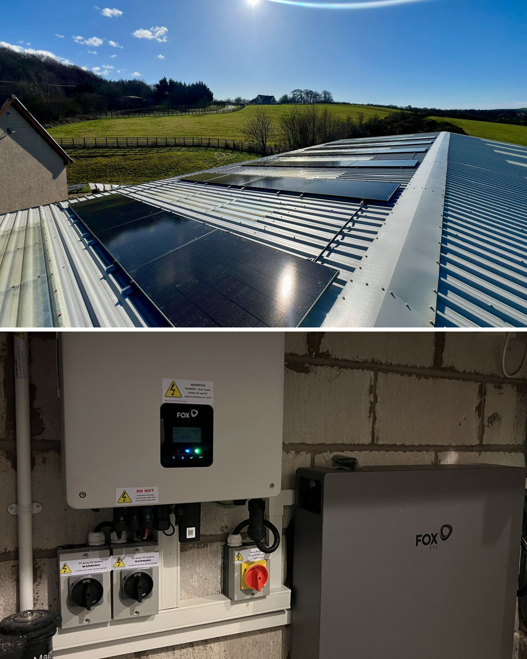 Solar panel installation in Pollokshields: solar panels running along a farm shed roof, and a Fox ESS hybrid inverter and battery on a garage wall
