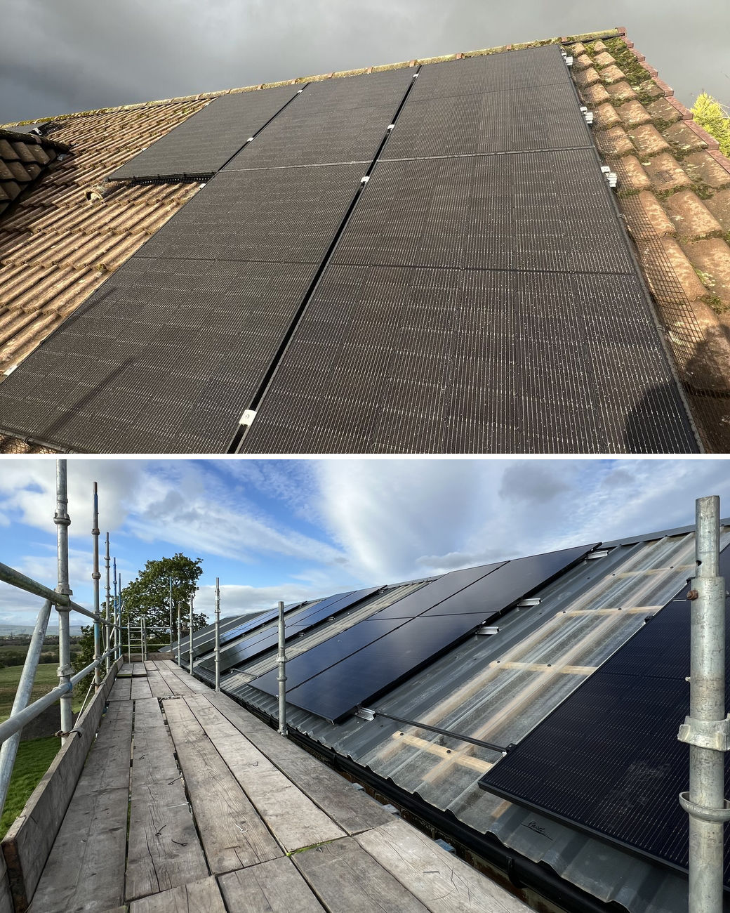 Solar panel installation in Stirling: a black solar array on a concrete tiled roof, and a black solar array along a long roof under a blue sky
