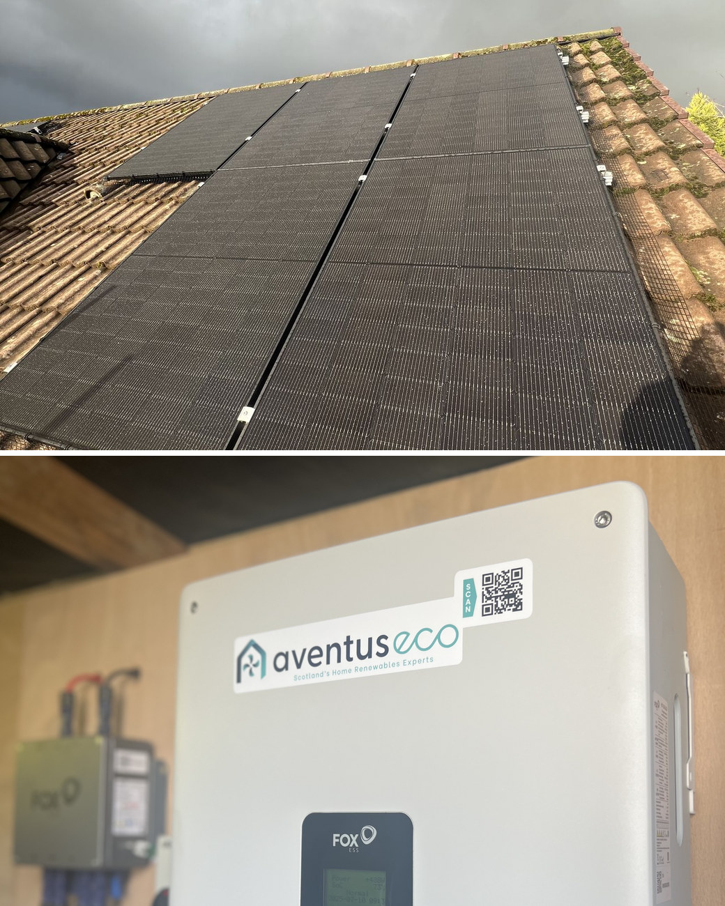 Solar panel installation in Uddingston: a black solar array on a concrete tiled roof, and an Aventus labelled Fox ESS inverter