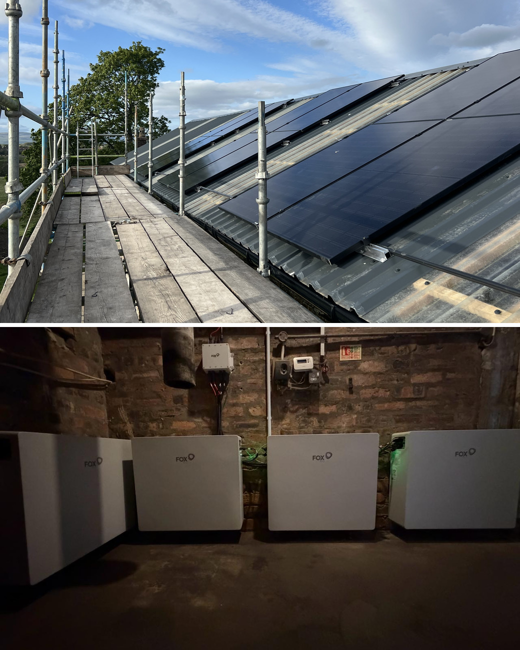 Solar panel installation in Whitecraigs: black solar panels along a steading roof, seen from the scaffold walkway, and a row of Fox ESS batteries in a brick plant room